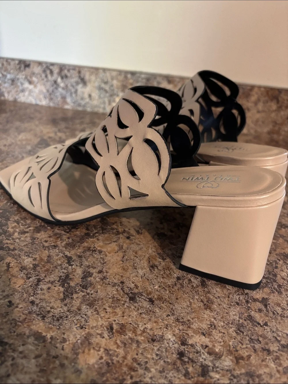 Scalloped Cutout Block Heel Sandals in Cream
